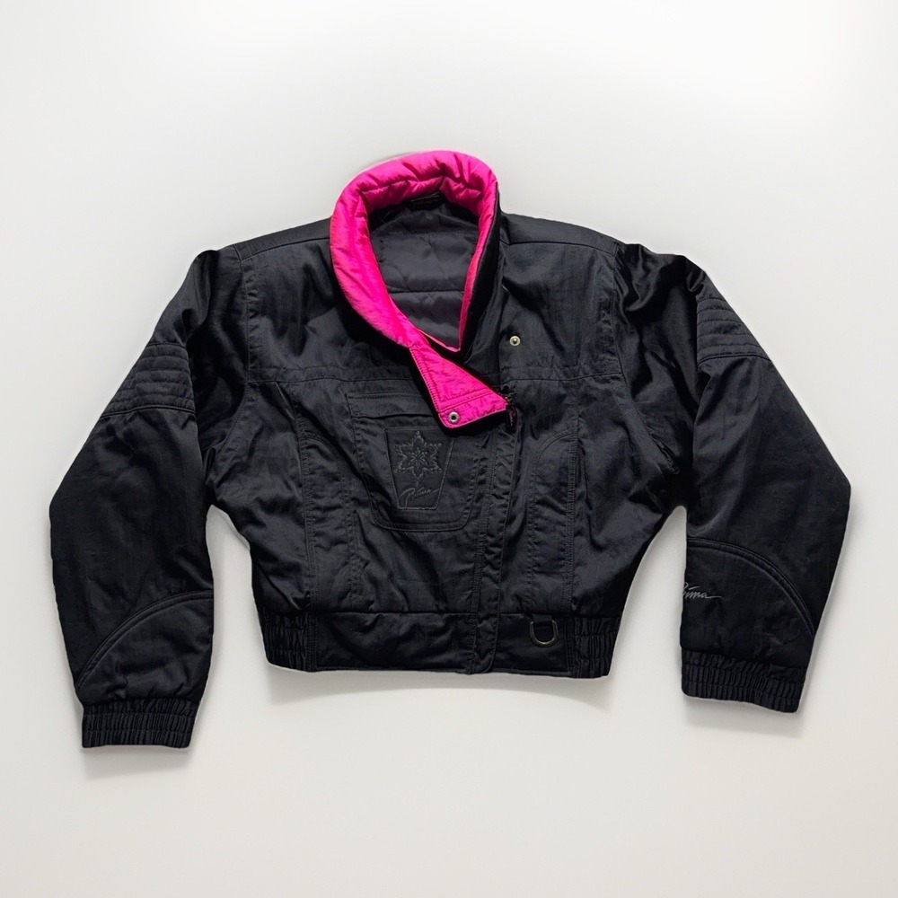 Vintage Viva Prima Ski Jacket XS Women Black Hot Pink Retro 80s 90s Apres Puffer